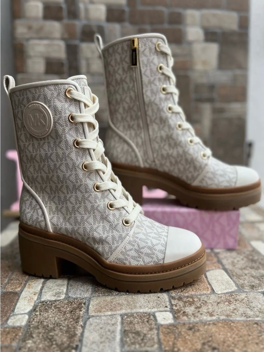 Michael Kors Cream Monogram Lace-Up Platform Combat Boots